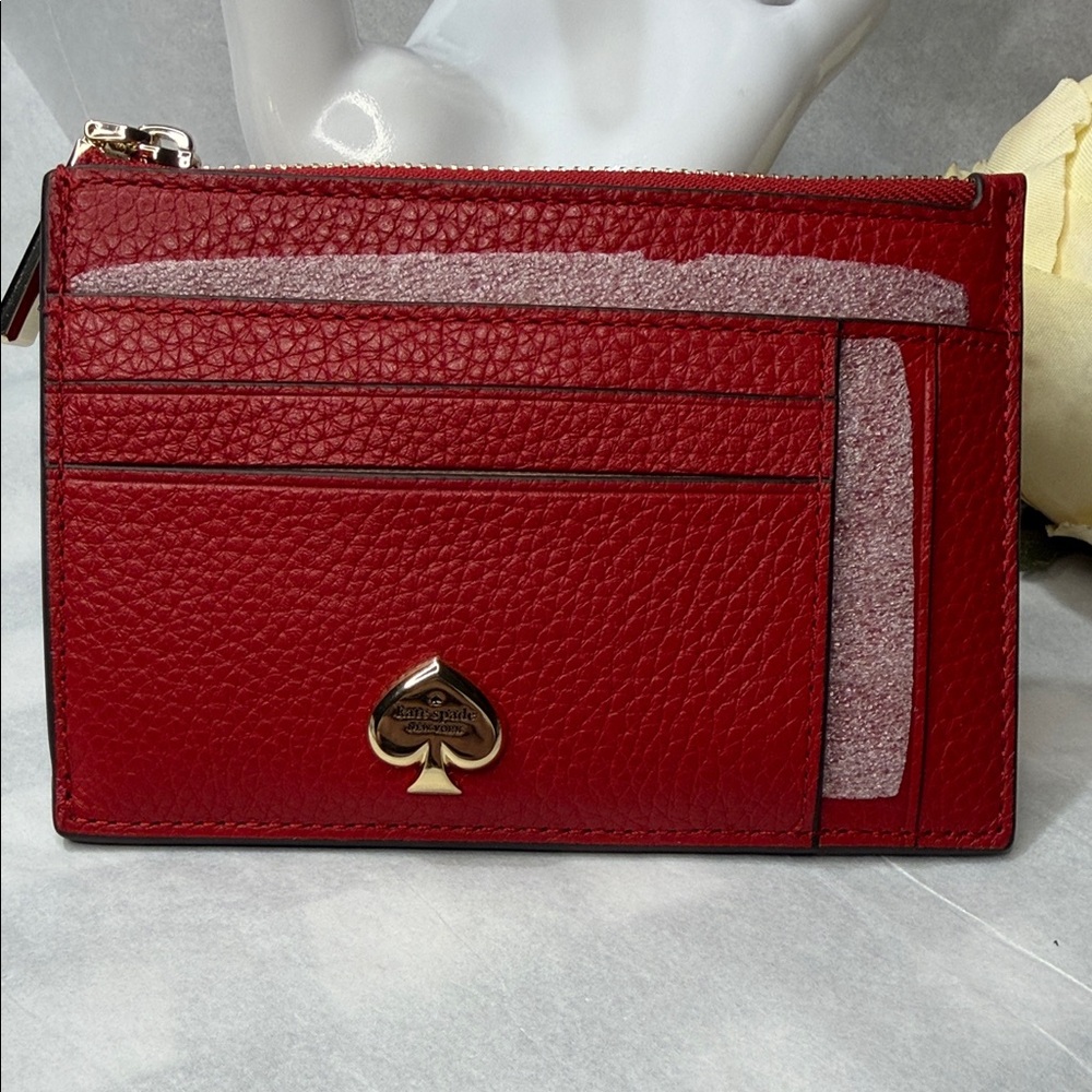 kate Spade Kayla Large Red Leather Card Case with Gold Spade Detail